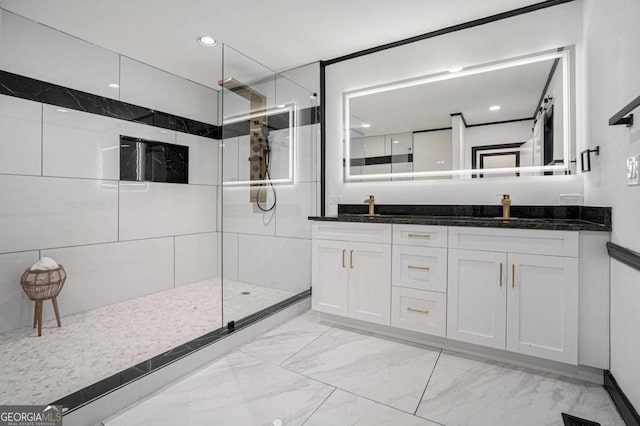 788 Sherwood Rd, Gainesville, GA 30501 - bathroom featuring marble finish floors, walk in shower, double vanity, and recessed lighting