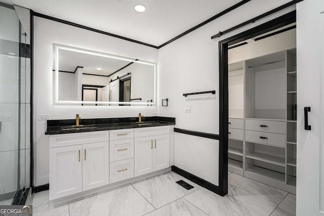 788 Sherwood Rd, Gainesville, GA 30501 - full bathroom with marble look tiles, double vanity, baseboards, ornamental molding, and recessed lighting
