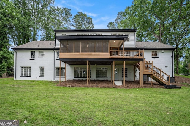 788 Sherwood Rd, Gainesville, GA 30501 - rear view of property with stairway, a sunroom, a yard, and a deck