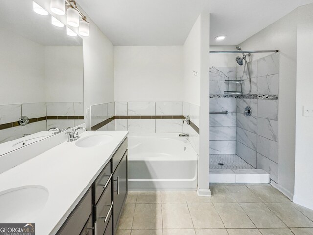 4922 Longview Walk, Decatur, GA 30035 - bathroom featuring a garden tub, double vanity, tile patterned floors, and tiled shower