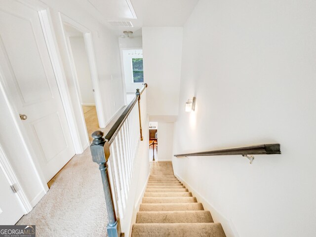 4922 Longview Walk, Decatur, GA 30035 - stairs featuring attic access and carpet