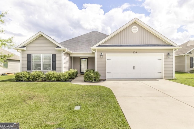 view of front of home featuring board and batten siding, driveway, and a front lawn