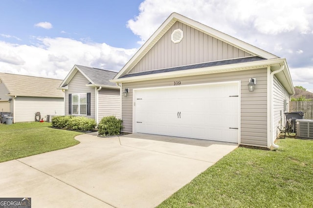 view of front of property featuring board and batten siding, central air condition unit, a front lawn, and concrete driveway