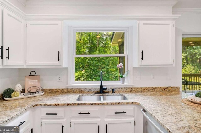 1380 Heritage Glen Dr, Marietta, GA 30068 - kitchen featuring a sink, white cabinetry, light stone counters, and dishwasher