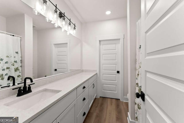 1087 Webb W Rd, Cleveland, GA 30528 - full bathroom featuring toilet, vanity, wood finished floors, recessed lighting, and a shower with shower curtain