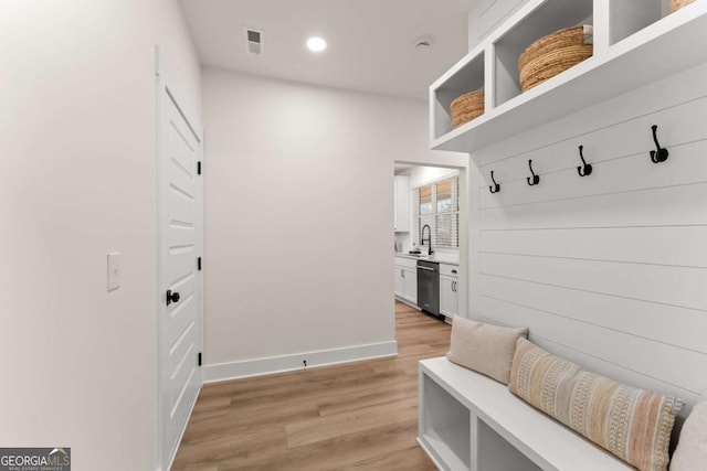 1087 Webb W Rd, Cleveland, GA 30528 - mudroom featuring a sink, light wood finished floors, baseboards, and recessed lighting