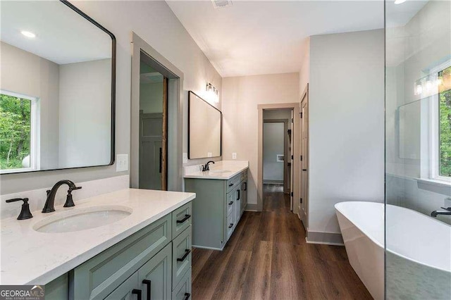 bathroom with wood finished floors, a freestanding bath, two vanities, and baseboards