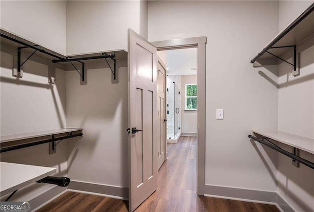 walk in closet with dark wood-type flooring