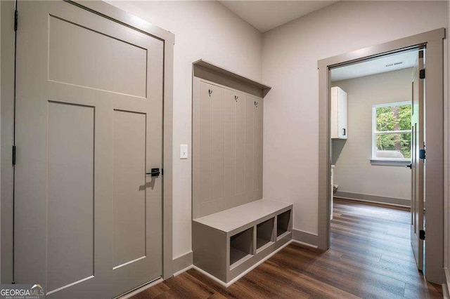 mudroom featuring dark wood finished floors and baseboards