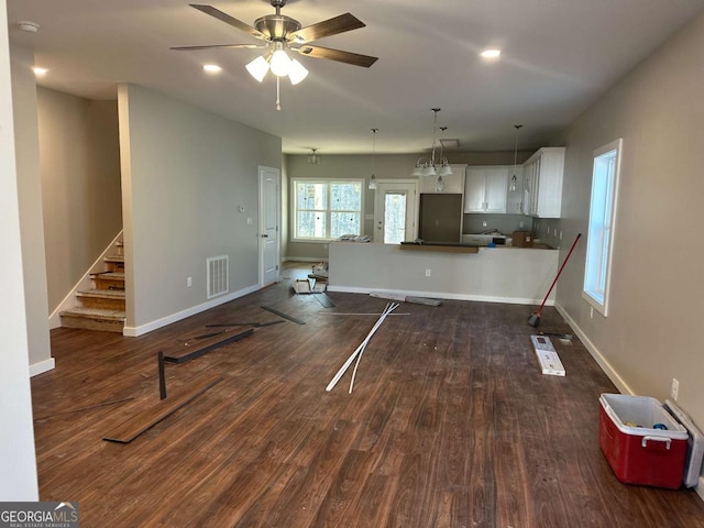 113 Sidetrack Cir, Comer, GA 30629 - living area with dark wood finished floors, baseboards, stairs, a ceiling fan, and recessed lighting