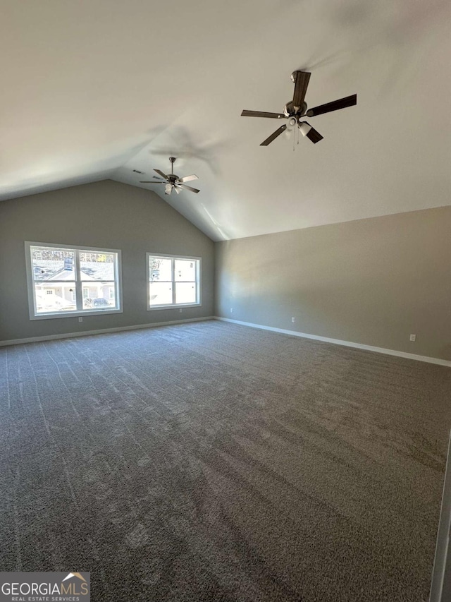113 Sidetrack Cir, Comer, GA 30629 - carpeted empty room featuring ceiling fan, lofted ceiling, and baseboards