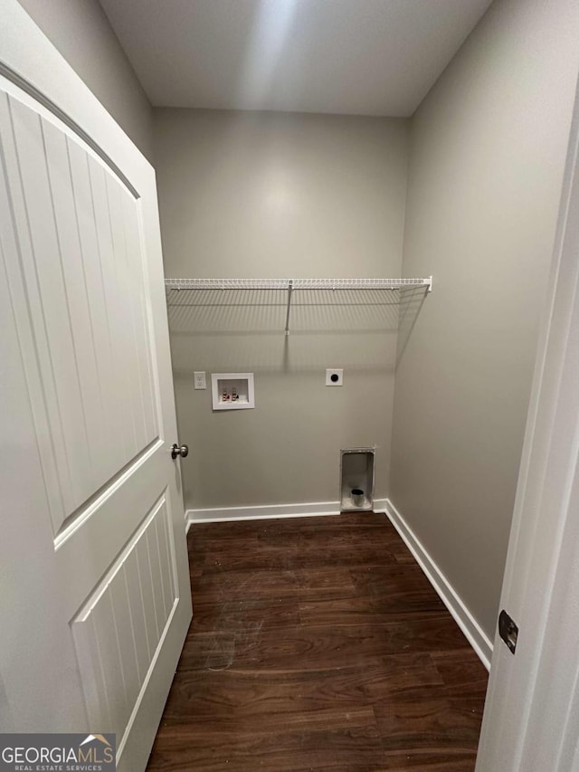 113 Sidetrack Cir, Comer, GA 30629 - laundry room featuring electric dryer hookup, dark wood finished floors, washer hookup, and baseboards