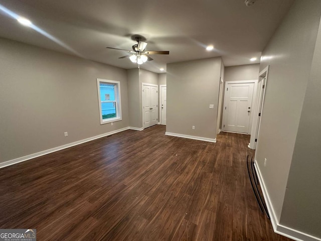 113 Sidetrack Cir, Comer, GA 30629 - unfurnished living room with ceiling fan, baseboards, recessed lighting, and dark wood finished floors