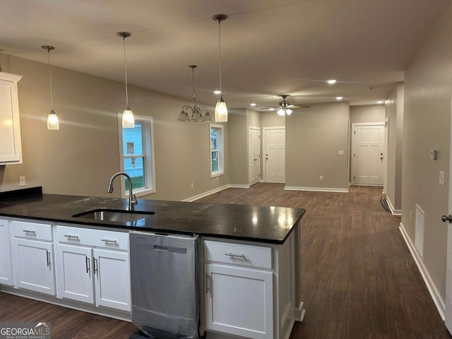 113 Sidetrack Cir, Comer, GA 30629 - kitchen featuring dishwasher, a sink, dark wood finished floors, ceiling fan, and recessed lighting