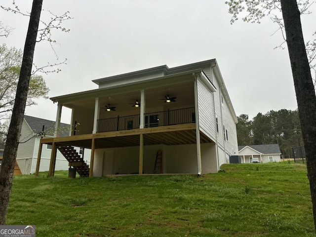 113 Sidetrack Cir, Comer, GA 30629 - back of house featuring ceiling fan, a lawn, a wooden deck, and stairs