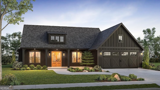 150 Willow Leaf Dr, Buchanan, GA 30113 - view of front of property with driveway, board and batten siding, a front yard, an attached garage, and a shingled roof