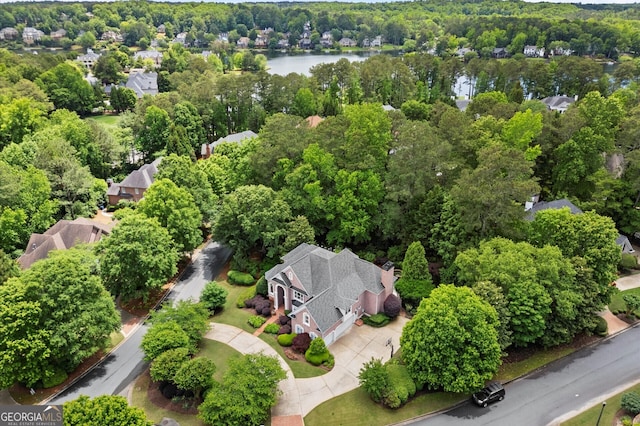 aerial view of a large body of water and a heavily wooded area