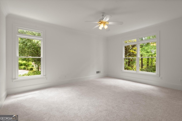 spare room featuring carpet floors, ornamental molding, a ceiling fan, and baseboards
