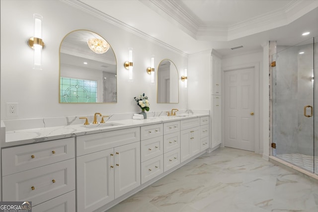 full bath featuring a stall shower, ornamental molding, double vanity, marble look tiles, and recessed lighting