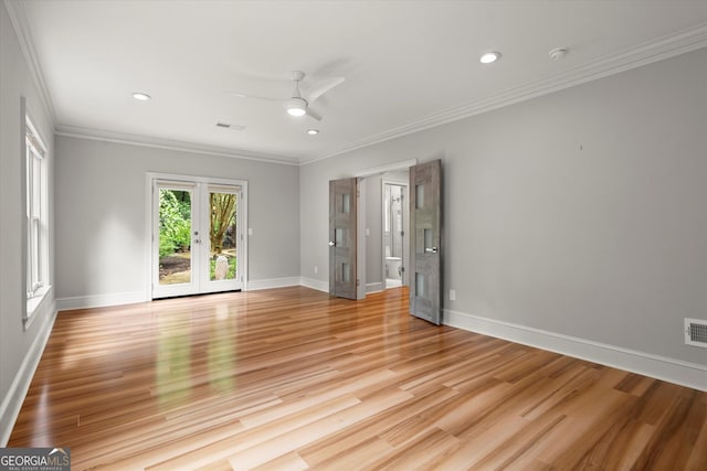unfurnished room with ceiling fan, ornamental molding, baseboards, light wood finished floors, and recessed lighting