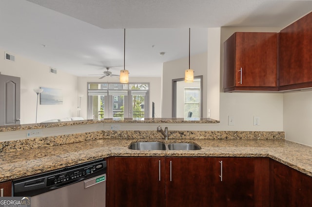 kitchen with stainless steel dishwasher, a sink, ceiling fan, and light stone counters