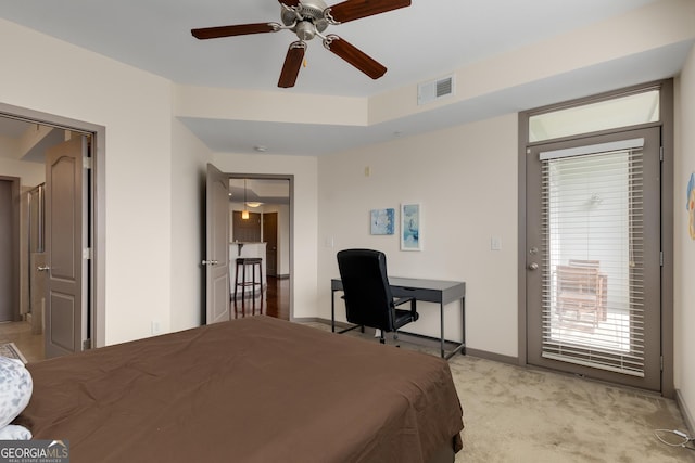 bedroom with access to outside, light carpet, baseboards, and a ceiling fan