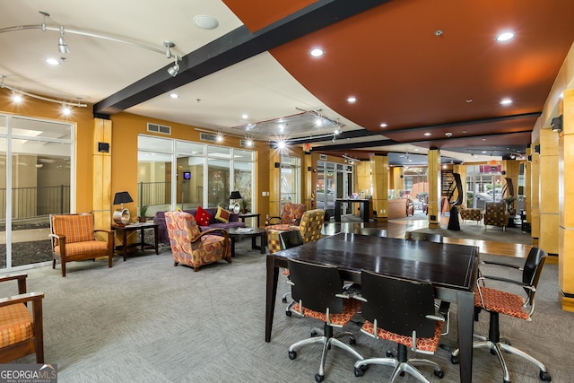 carpeted office space featuring recessed lighting