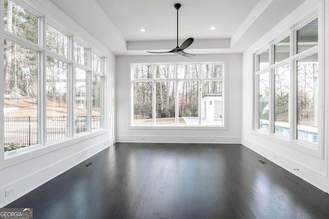 5211 Powers Ferry Rd, Sandy Springs, GA 30327 - unfurnished sunroom featuring a tray ceiling, wood finished floors, baseboards, and recessed lighting