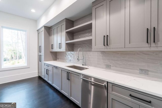 5211 Powers Ferry Rd, Sandy Springs, GA 30327 - kitchen with dishwasher, open shelves, a sink, gray cabinetry, and recessed lighting