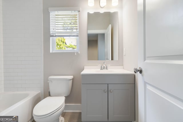 1405 Attwater Dr, Atlanta, GA 30316 - bathroom featuring toilet, vanity, baseboards, and shower / tub combination