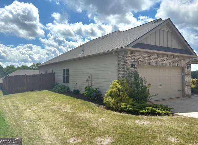view of property exterior with brick siding, driveway, board and batten siding, an attached garage, and roof with shingles