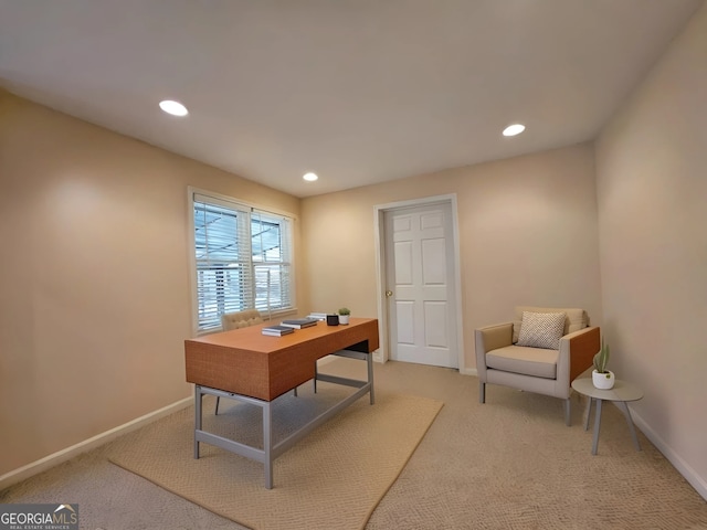 office featuring light carpet, baseboards, and recessed lighting