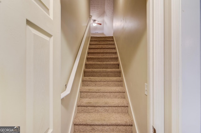 stairway featuring carpet flooring