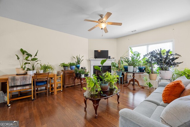 2656 Avanti Way, Decatur, GA 30035 - living room featuring ceiling fan, a fireplace, and wood finished floors