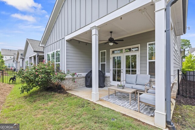 view of patio / terrace featuring french doors, ceiling fan, and area for grilling