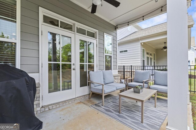 view of patio with french doors, a ceiling fan, an outdoor hangout area, and grilling area