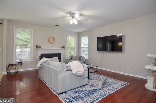 living area with a ceiling fan, wood finished floors, a fireplace, and plenty of natural light