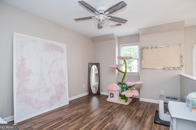 game room with wood finished floors, ceiling fan, and baseboards