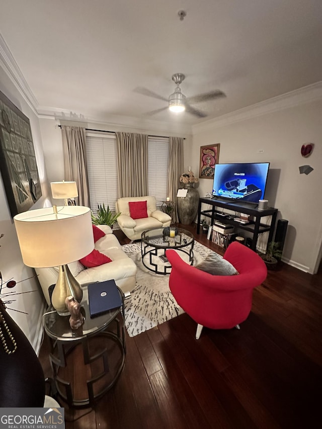 200 Renaissance Pkwy Unit 305, Atlanta, GA 30308 - living area featuring crown molding, wood-type flooring, and a ceiling fan