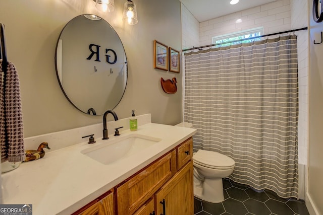 bathroom with tile patterned floors, toilet, vanity, shower / bath combination with curtain, and recessed lighting