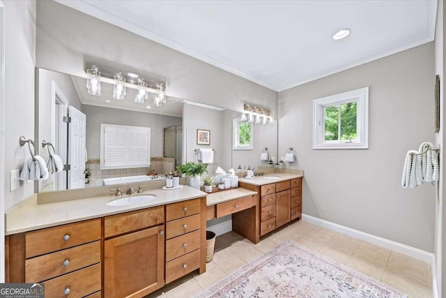 66 Mobile Ave NE, Atlanta, GA 30305 - bathroom featuring vanity, tile patterned floors, a garden tub, ornamental molding, and a shower stall