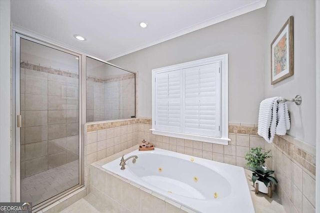 66 Mobile Ave NE, Atlanta, GA 30305 - bathroom with a whirlpool tub, a shower stall, crown molding, and recessed lighting