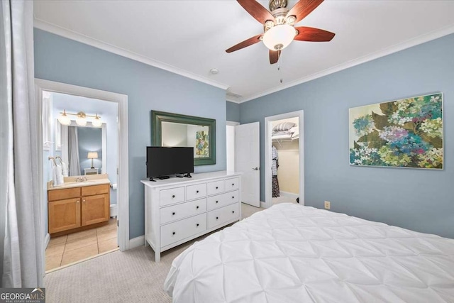 66 Mobile Ave NE, Atlanta, GA 30305 - bedroom featuring ornamental molding, a walk in closet, connected bathroom, a closet, and a ceiling fan
