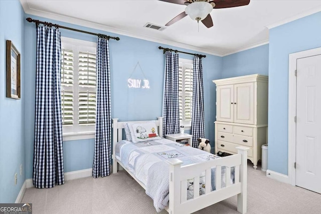 66 Mobile Ave NE, Atlanta, GA 30305 - bedroom featuring carpet floors, ornamental molding, baseboards, and ceiling fan