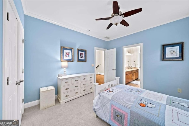 66 Mobile Ave NE, Atlanta, GA 30305 - bedroom featuring crown molding, light colored carpet, baseboards, ceiling fan, and ensuite bath