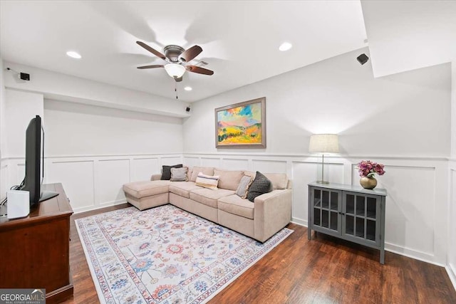 66 Mobile Ave NE, Atlanta, GA 30305 - living area featuring ceiling fan, a decorative wall, wainscoting, wood finished floors, and recessed lighting