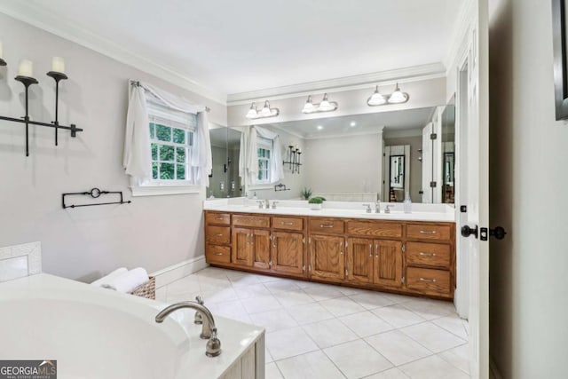 full bath featuring ornamental molding, double vanity, a garden tub, and tile patterned floors