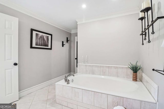 bathroom featuring crown molding and a bath