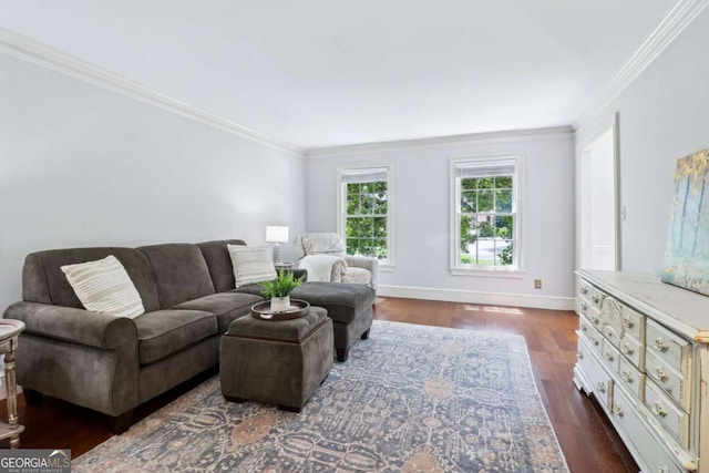 living room with crown molding, dark wood finished floors, and baseboards