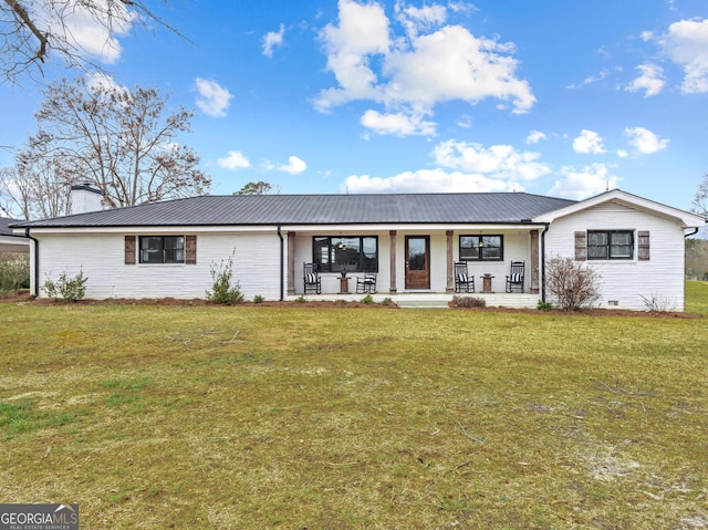 4739 Lower Jersey Rd, Oxford, GA 30054 - ranch-style house featuring covered porch, a front yard, a chimney, and metal roof